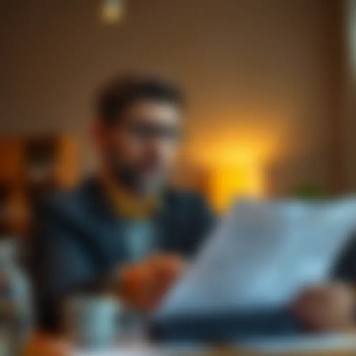A person reviewing insurance policy documents with a thoughtful expression