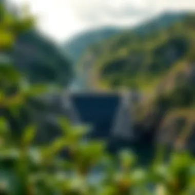 A serene hydroelectric dam surrounded by lush greenery