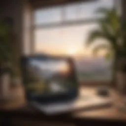 A person working remotely on a laptop with a serene view