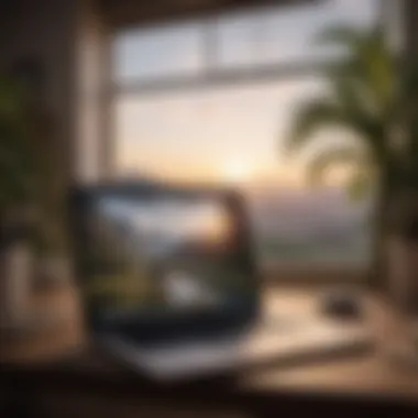 A person working remotely on a laptop with a serene view