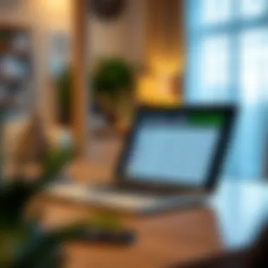 A serene office setting with a laptop and loan options displayed