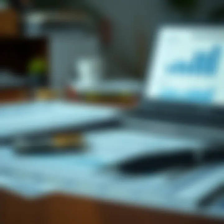 A well-organized workspace with financial documents and a laptop
