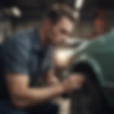 A close-up of a mechanic assessing a vehicle's condition.