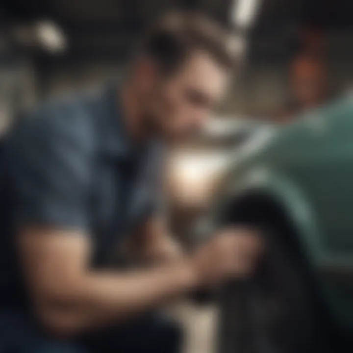 A close-up of a mechanic assessing a vehicle's condition.